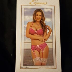 Magic Silk Pink Peek-a-Bow Bra, Panty & Garter Set Size S/M